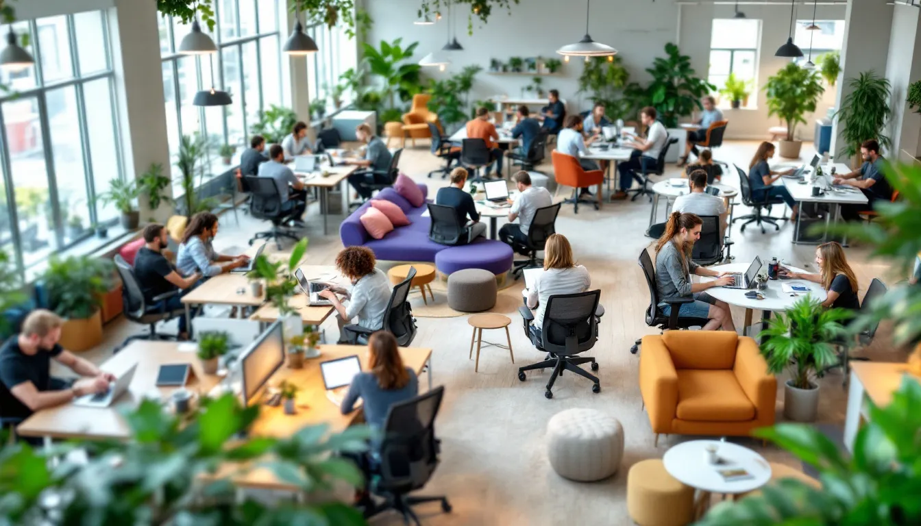 The image depicts a modern flexible workplace where employees are comfortably engaged in their tasks, reflecting a healthy work-life balance. The open space encourages collaboration and personal time, supporting their mental health and overall well-being as they work to live, not live to work.